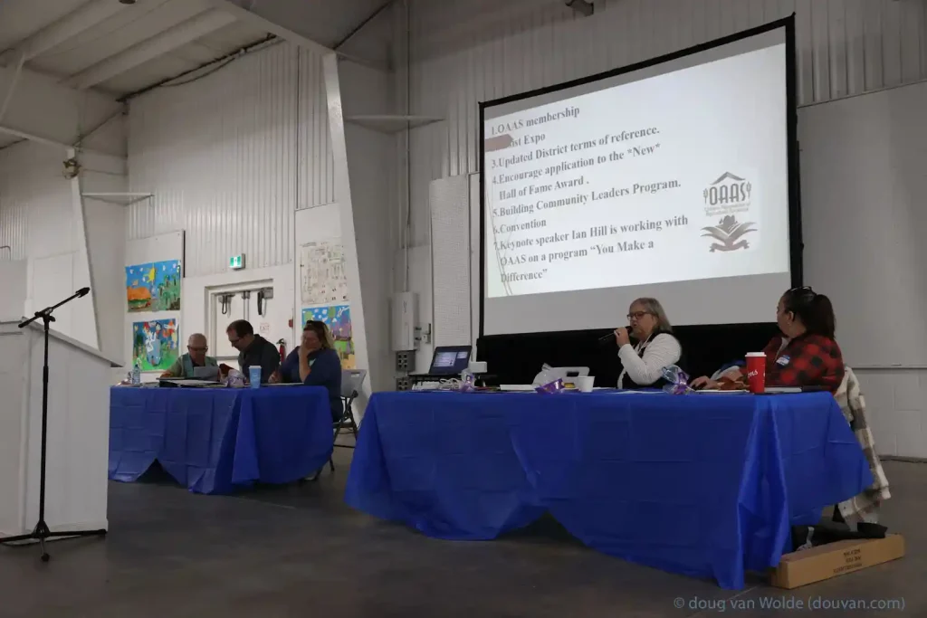 Lorna, OAAS Provincial Director for District 5, presenting meeting agenda items to members at the District 5 fall meeting, October 25, 2025.
