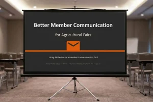 Presentation screen displaying "Better Member Communication for Agricultural Fairs" — a MailerLite session presented by Doug van Wolde of WeGo.ca at the OAAS District 5 Spring Meeting, April 2026.