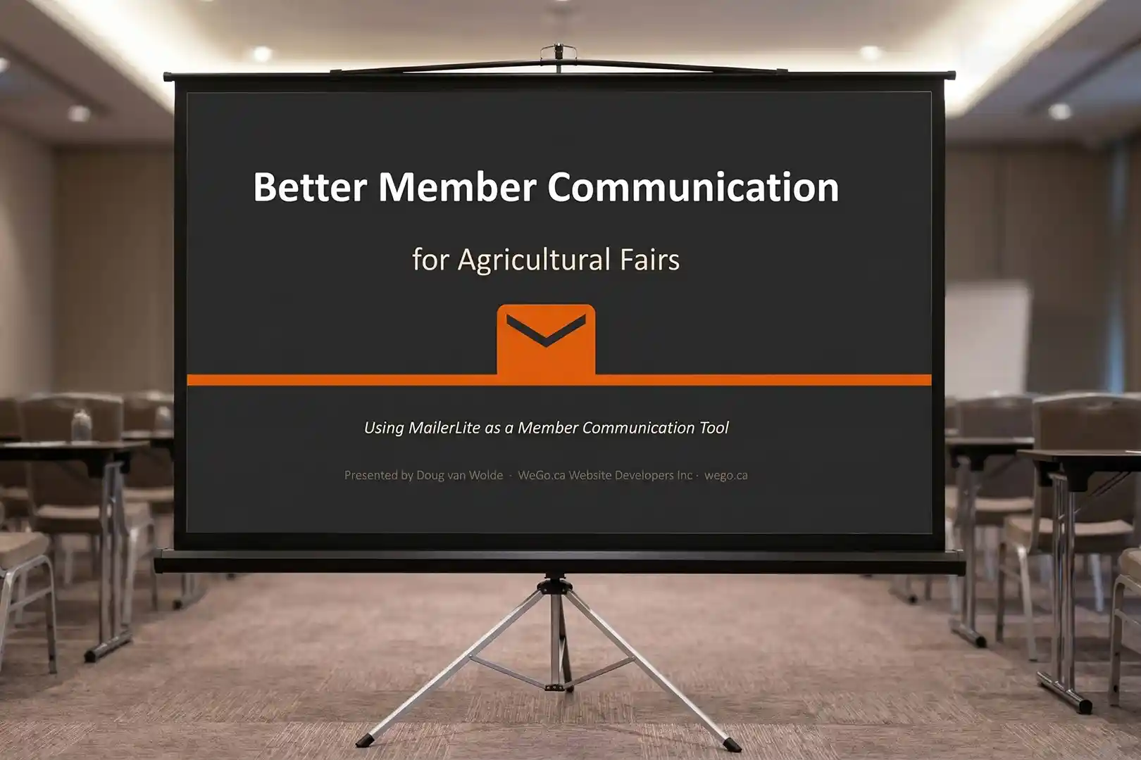 Presentation screen displaying "Better Member Communication for Agricultural Fairs" — a MailerLite session presented by Doug van Wolde of WeGo.ca at the OAAS District 5 Spring Meeting, April 2026.